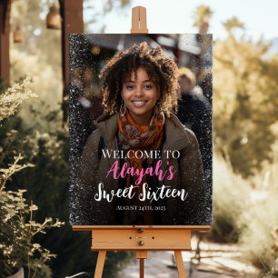 Modern sweet sixteen welcome sign with photo