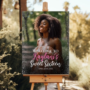 Modern sweet sixteen welcome sign with photo