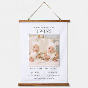 Modern Sweet Twins Photo Birth Announcement Hanging Tapestry