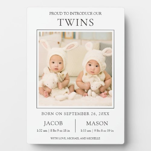 Modern Sweet Twins Photo Birth Announcement Plaque