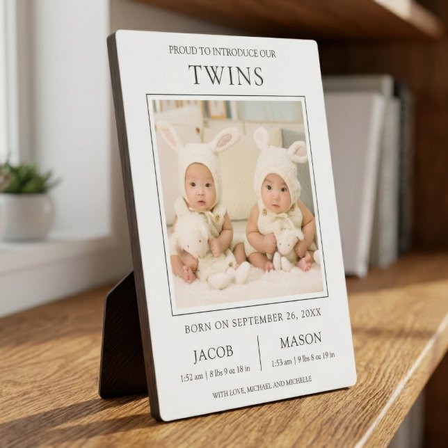 Modern Sweet Twins Photo Birth Announcement Plaque (Creator Uploaded)
