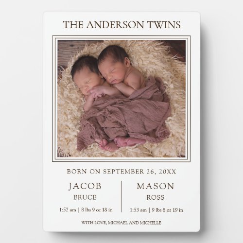 Modern Sweet Twins Photo Birth Announcement Plaque