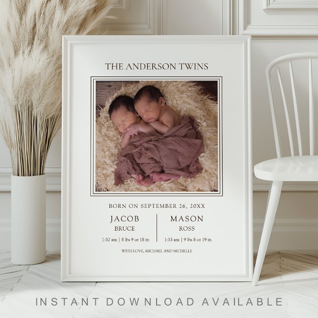 Modern Sweet Twins Photo Birth Announcement Poster (Creator Uploaded)