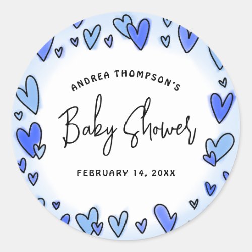 Modern Sweet Valentine Blue Hearts Baby Shower Classic Round Sticker