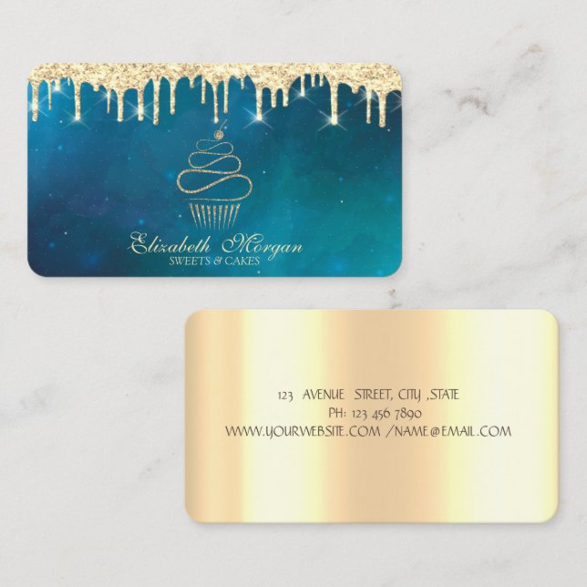 Modern Sweets Cupcake Gold Drips Cooking Business Card (Front/Back)