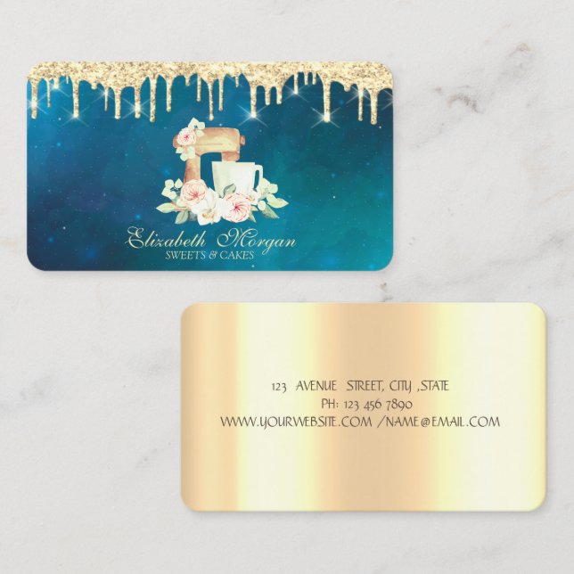 Modern Sweets Cupcake Gold Drips Mixer Flowers Business Card (Front/Back)