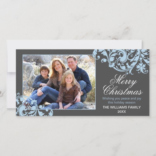 Modern Swirl Flourish Christmas Gray and Blue Holiday Card (Front)
