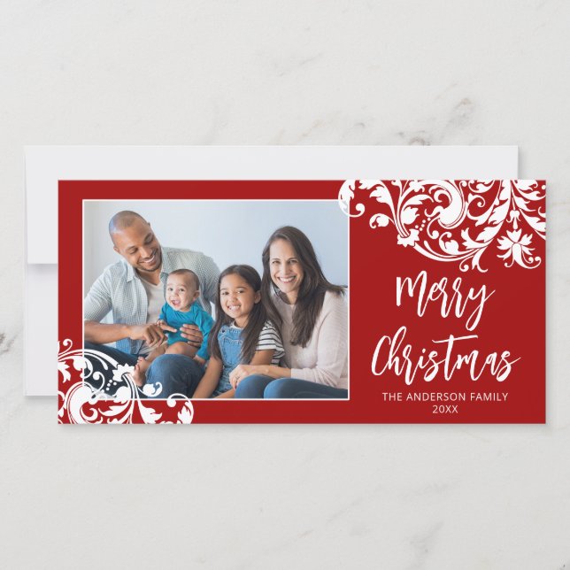 Modern Swirl Flourish Christmas Red and White Holiday Card (Front)