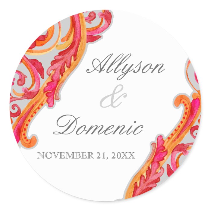 Modern Swirl Flourish Heart Tangerine Hot Pink Round Stickers