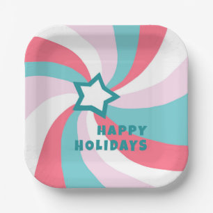 Modern Swirl HAPPY HOLIDAYS CUSTOM Green Pink Paper Plates