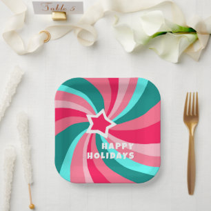Modern Swirl HAPPY HOLIDAYS CUSTOM Green Pink Paper Plates