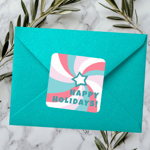 Modern Swirl HAPPY HOLIDAYS CUSTOM Green Pink Square Sticker