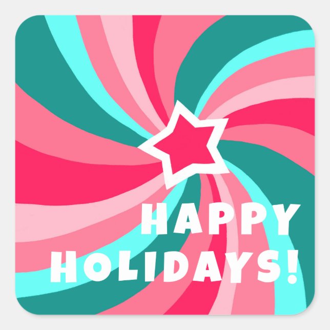 Modern Swirl HAPPY HOLIDAYS CUSTOM Pink Green Square Sticker (Front)