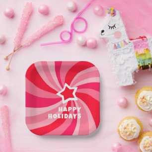 Modern Swirl HAPPY HOLIDAYS CUSTOM Red Pink Paper Plates