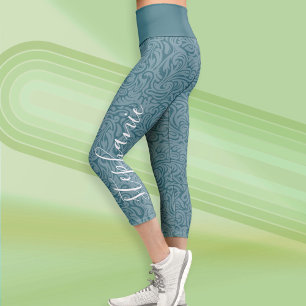 Modern swirl Pattern Script Name - deep blue Capri Leggings