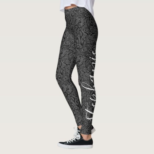 Modern swirl Pattern with Script Name black Leggings