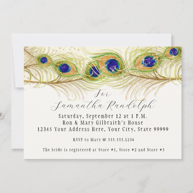 Modern Swirl Peacock Feathers Bridal Shower Invite (Front)