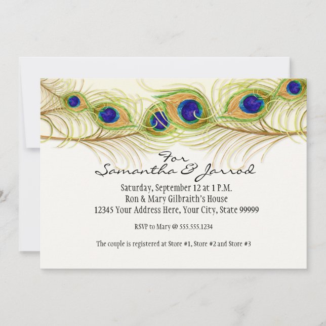 Modern Swirl Peacock Feathers Engagement Save Date Invitation (Front)