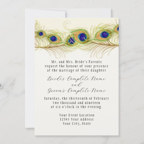 Modern Swirl Peacock Feathers Monogram Monogrammed Invitation