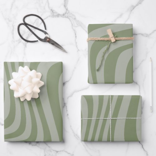 Modern Swirl Retro Trippy Abstract sage green Wrapping Paper Sheets