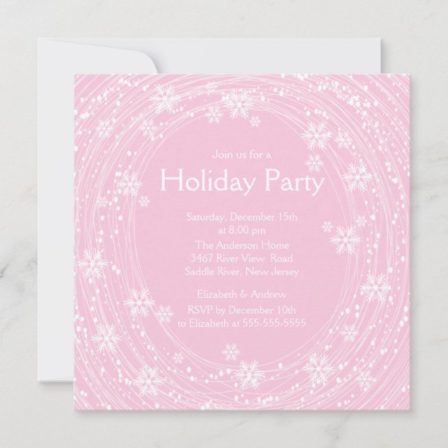 Modern Swirl Snowflakes Holiday Party Pink Invitation (Front)