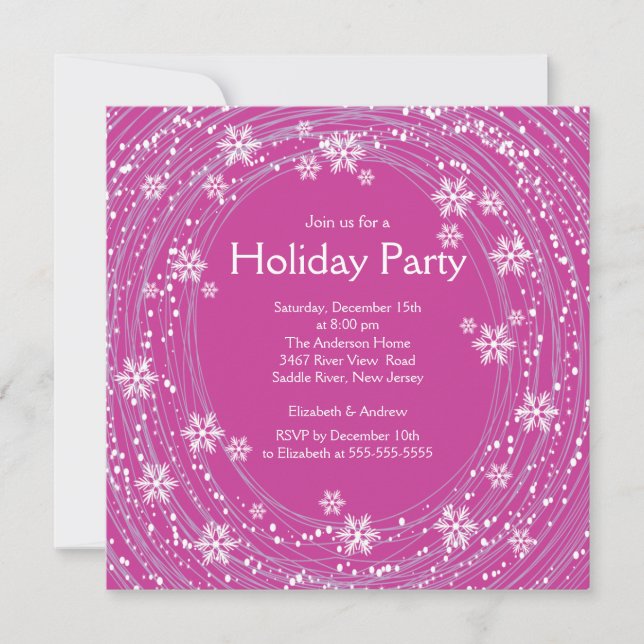 Modern Swirl Snowflakes Holiday Party Pink Invitation (Front)