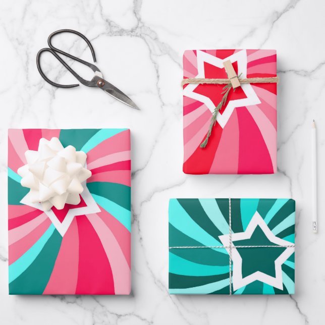 Modern Swirl Star Green Pink Set of  Wrapping Paper Sheets (Front)