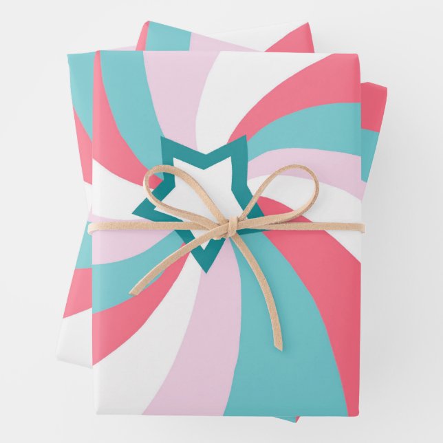 Modern Swirl Star Green Pink Wrapping Paper Sheets (In situ)
