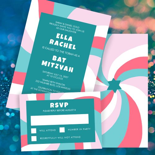 Modern Swirl Star of David Custom Bar Bat Mitzvah RSVP Card