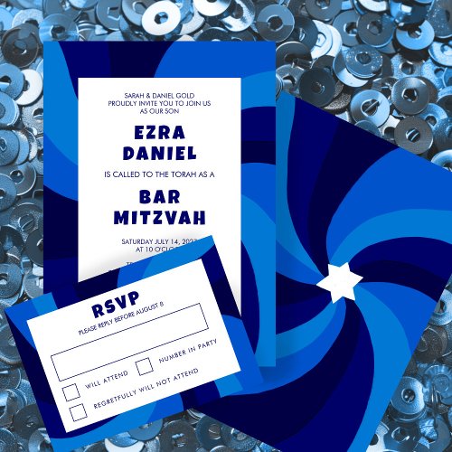 Modern Swirl Star of David Custom Bar Bat Mitzvah RSVP Card