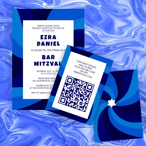 Modern Swirl Star of David QR Code Bar Bat Mitzvah Enclosure Card