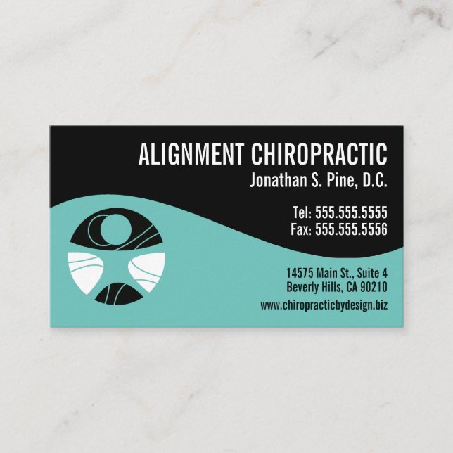 Modern Swirl Teal and Black Logo Chiropractor Business Card (Front)