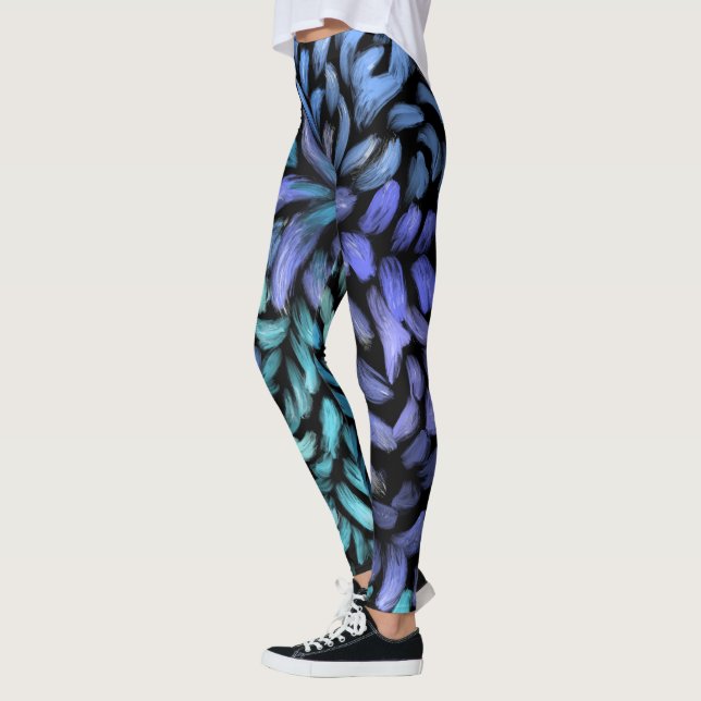 Modern swirling teal and blue petals canvas print leggings (Left)