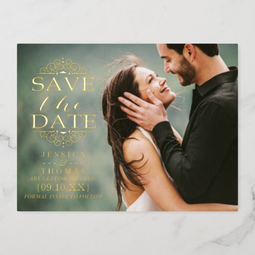 Modern Swirls  Custom Photo Save The Date Real Foil Invitation Postcard