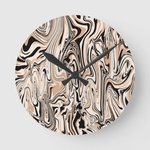 Modern Swirls Watercolor Brown Black Pattern  Round Clock