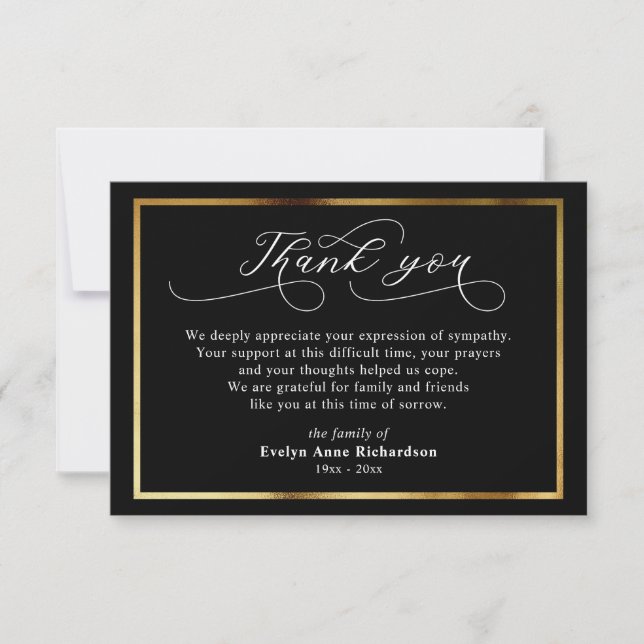 Modern Sympathy Acknowledgement Gold Script Card (Front)