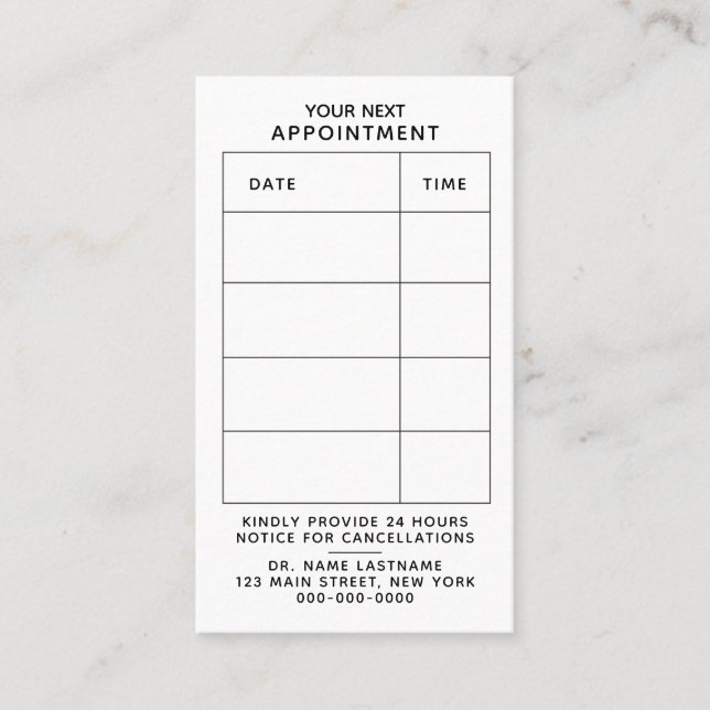 Modern Table Date Time Reminder Minimal One Sided Appointment Card (Front)