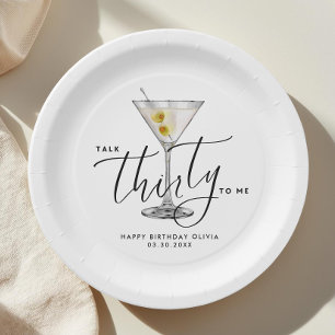 Modern “Talk Thirty to Me” Martini Glass 30th Paper Plates