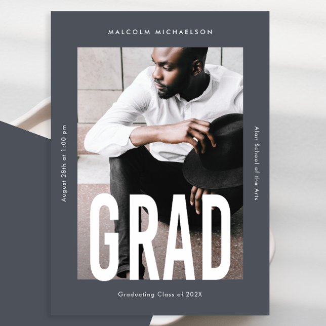 Modern Tall Type One Photo Blue Graduation Announcement (Creator Uploaded)
