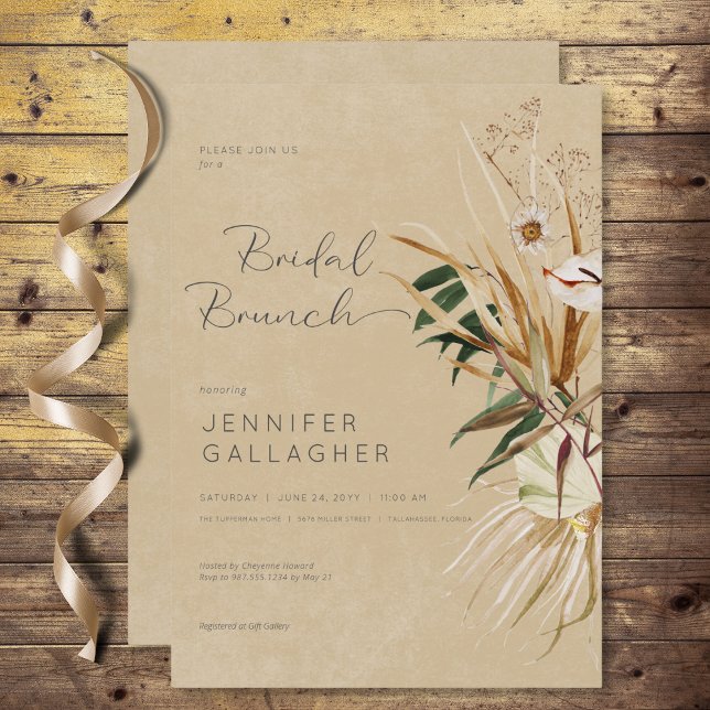 Modern Tan Boho Dried Floral Bouquet Bridal Brunch Invitation (Modern Tan Boho Dried Floral Bouquet Bridal Brunch Invitation)