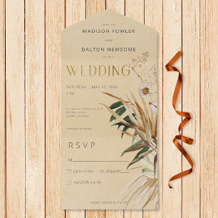 Modern Tan Boho Dried Floral Bouquet No Dinner All In One Invitation