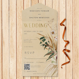 Modern Tan Boho Dried Floral Bouquet QR Code All In One Invitation