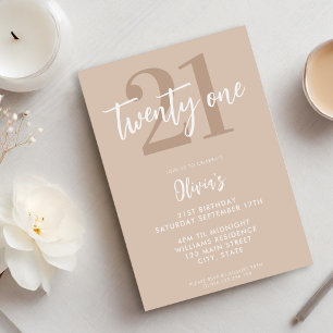 Modern Tan Brown Elegant 21st Birthday Invitation