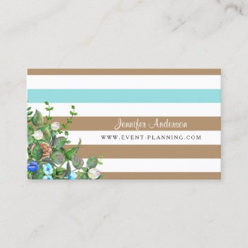 Modern Tan Floral Aqua Stripe Event Planner Business Card by GirlyBusinessCards at Zazzle