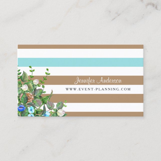 Modern Tan Floral Aqua Stripe Event Planner Business Card (Front)
