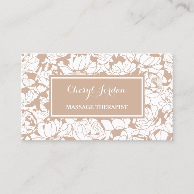 Modern Tan Floral Girly Massage Therapist Business Card (Front)