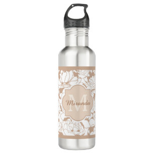 Modern Tan Floral Girly Monogram With Name Stainless Steel Water Bottle
