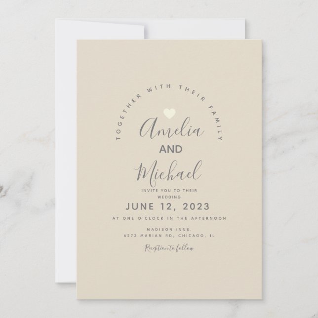 Modern Tan Gray Simple Heart Wedding Invitation (Front)