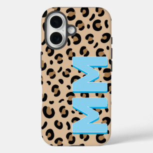 Modern Tan Leopard Print Blue Shadow Monogram  iPhone 16 Case