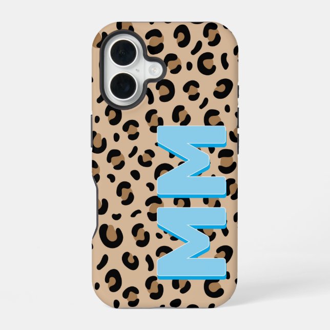 Modern Tan Leopard Print Blue Shadow Monogram  Iphone Case (Back)